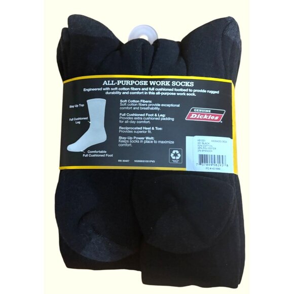 Genuine Dickies All-Purpose Cushion Crew Work Socks 8 Pairs Size 6-12 Black Mach - Picture 2 of 4